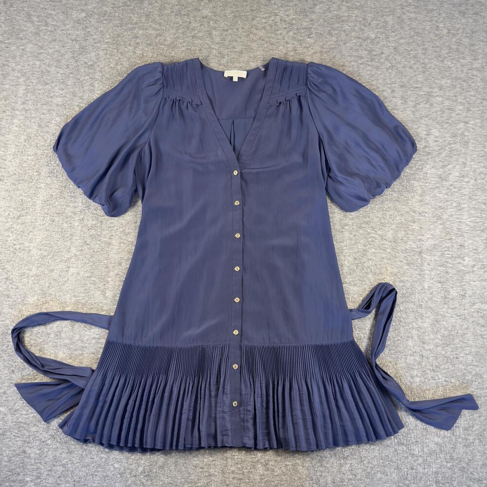 Ramy Brook Dress Womens Small Blue Pleated Belted Puff Sleeve V Neck Mini Shirt